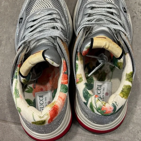 Gucci Silver Glitter Sneakers with Red Soles - Picture 3 of 5